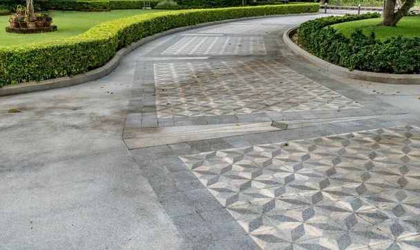 Concrete pathway with green trimmed bush hedge in the park - Photo, Image