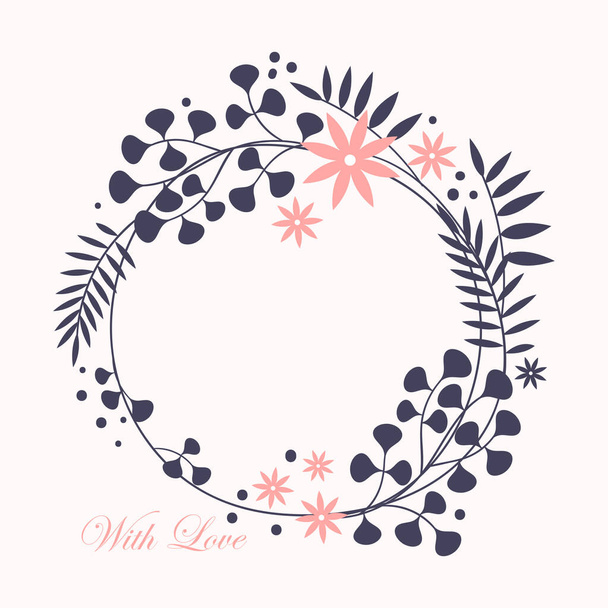 Wreath. Vector floral illustration with branches, berries and leaves. Black frame on white background. - Vector, afbeelding