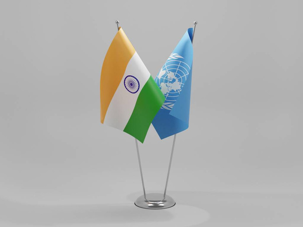 国連-インド協力旗、白地- 3Dレンダリング - 写真・画像