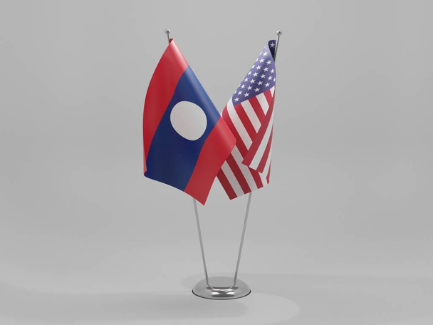 Stany Zjednoczone Ameryki - Laos Flagi współpracy, Białe tło - Render 3D - Zdjęcie, obraz