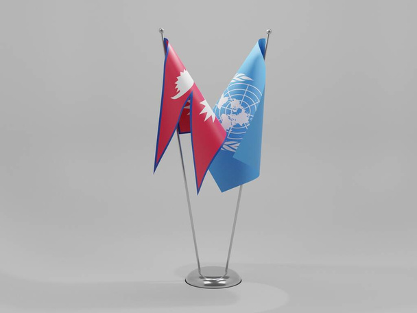 Nazioni Unite - Bandiere di cooperazione Nepal, sfondo bianco - Render 3D - Foto, immagini