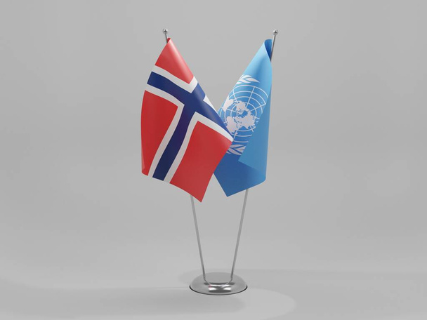 Флаги сотрудничества между ООН и Норвегией, белый фон - 3D рендер - Фото, изображение
