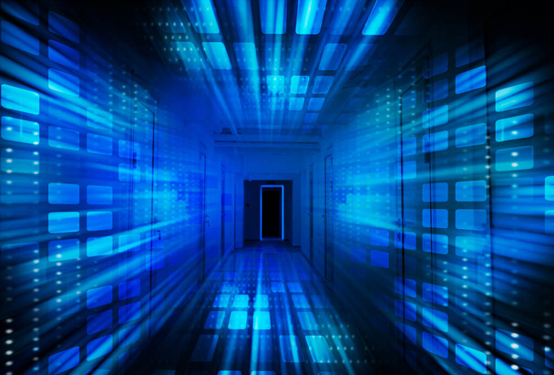 Abstract Virtual Database Server Room, Blue Background, Collage - Photo, Image