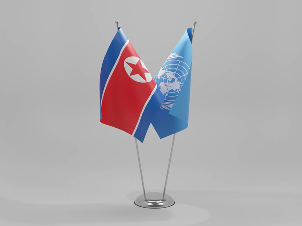 国連-北朝鮮協力旗、白い背景- 3Dレンダリング - 写真・画像