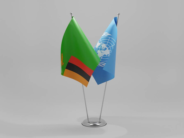 国連-ザンビア協力旗、白の背景- 3Dレンダリング - 写真・画像