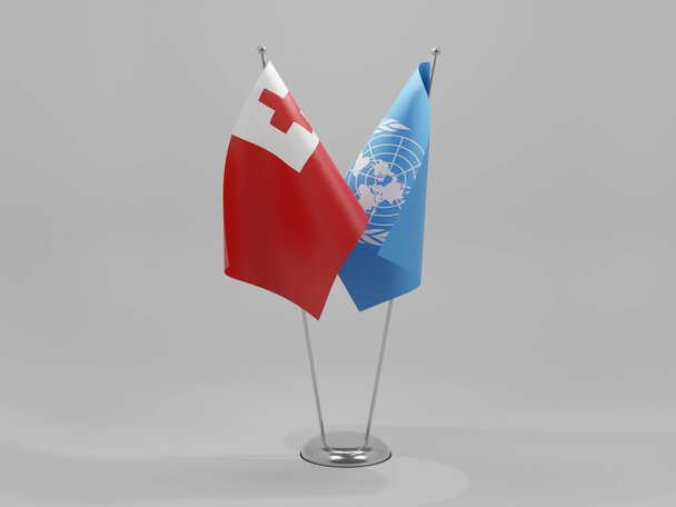 Nazioni Unite - Bandiere di cooperazione Tonga, sfondo bianco - Render 3D - Foto, immagini