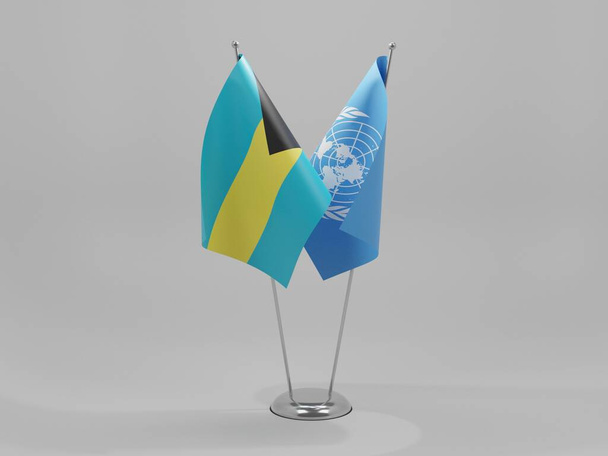 Organizacja Narodów Zjednoczonych - Bahamy Flagi współpracy, białe tło - Render 3D - Zdjęcie, obraz