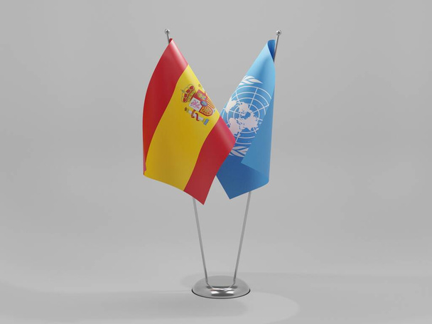 Birleşmiş Milletler - İspanya İşbirliği Bayrakları, Beyaz Arkaplan - 3D Render - Fotoğraf, Görsel