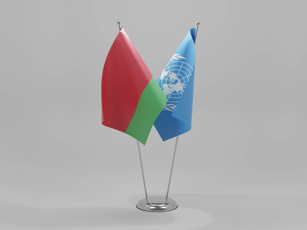 Nazioni Unite - Bandiere di cooperazione bielorusse, sfondo bianco - Render 3D - Foto, immagini