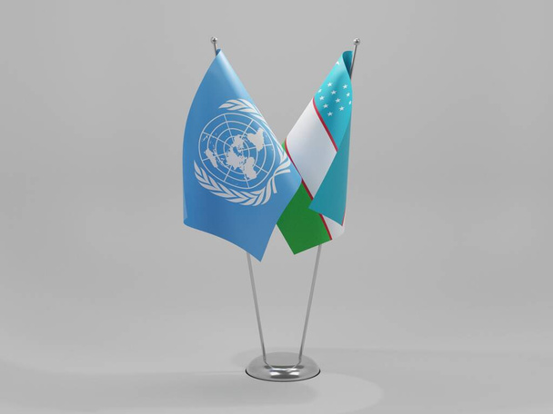 Özbekistan - Birleşmiş Milletler İşbirliği Bayrakları, Beyaz Arkaplan - 3D Render - Fotoğraf, Görsel