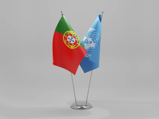 Verenigde Naties - Portugal Samenwerking Vlaggen, Witte Achtergrond - 3D Render - Foto, afbeelding