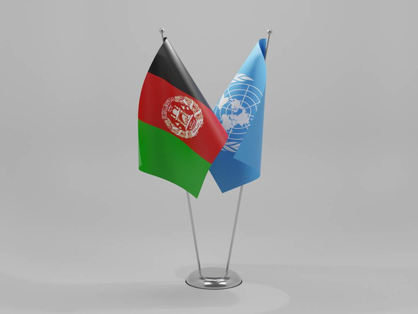 国連-アフガニスタン協力旗、白い背景- 3Dレンダリング - 写真・画像
