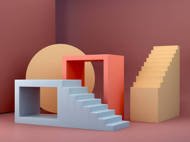 3D görüntüleme. Modern geometrik tarzda minimalist bir iç mekan olan merdivenler. Sancaklar ya da ürün sunumları için sonbahar renkleri arkaplanı. Mimari blok, soyut arkaplan, moda podyumu. - Fotoğraf, Görsel
