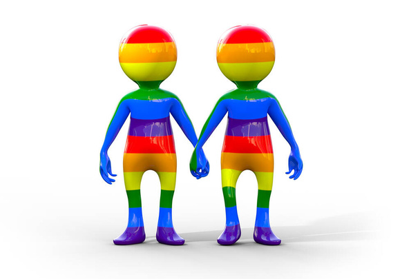 Pár držící se za ruce, symbol duhové vlajky komunity LGBT, stejná práva pro lesbické, homosexuální, bisexuální, transgenderové menšiny. 3D ilustrace izolované na bílém pozadí. - Fotografie, Obrázek
