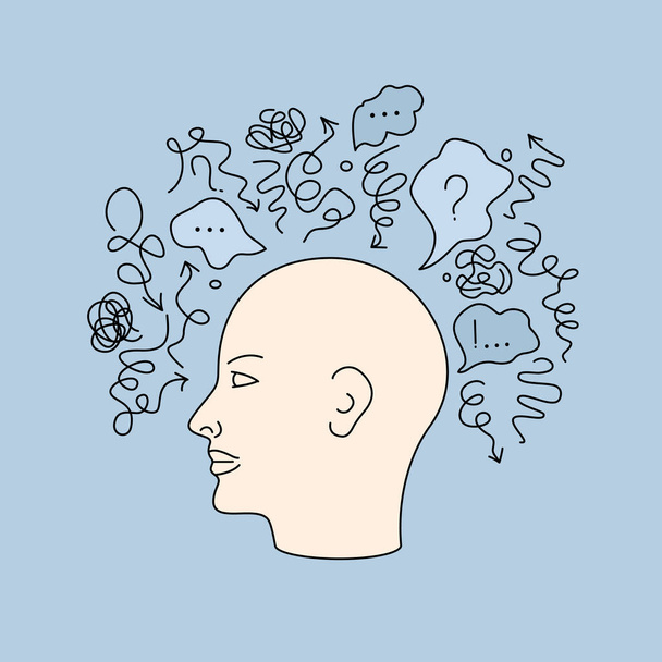 A lot of thoughts and chaos from mental disorder in the head. hand-drawn person suffering from depression. flat vector illustration - Vector, Image