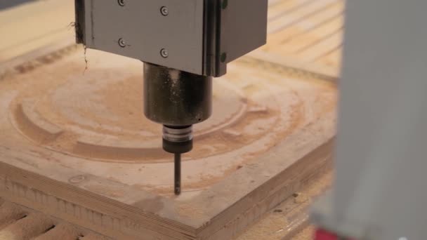Fresatrice taglio pezzo di legno dalla pasta di legno alla fiera tecnologia - Filmati, video
