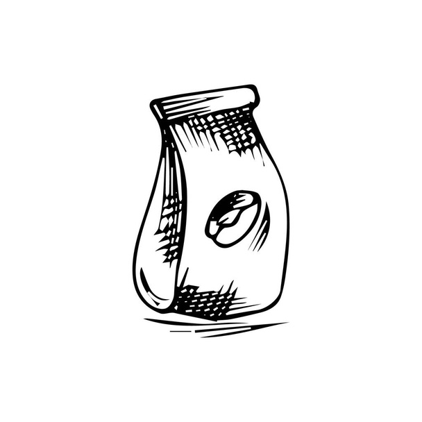 Pacchetto disegnato a mano con chicchi di caffè. Illustrazione vettoriale in stile grafico. - Vettoriali, immagini