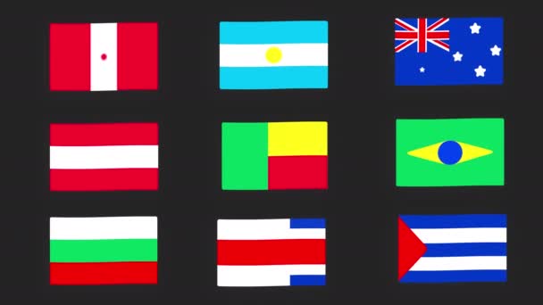 país bandera de Argentina, Australia, Benin, Canadá, Costa Rica, Cuba, Brasil, Bulgaria, Austria animación video gráfico con Alpha Channel, fondo transparente - Imágenes, Vídeo