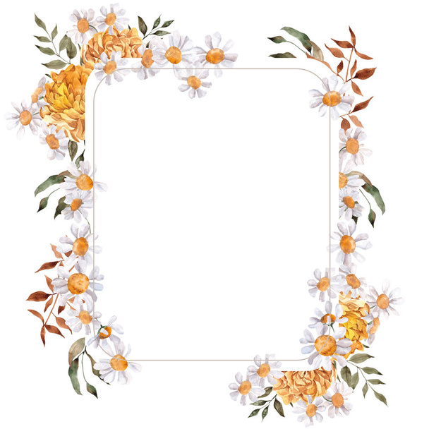Watercolor frame with autumn flowers and leaves, isolated on white background - Фото, зображення