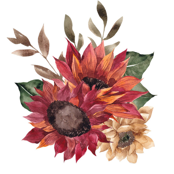 Watercolor illustration with autumn bouquet. Fall flowers, leaves, branch, isolated on white background - Photo, image