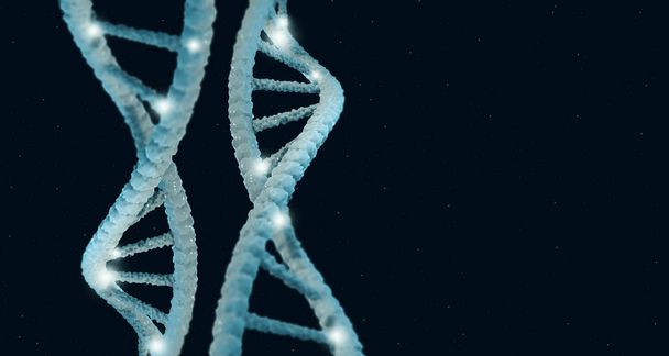 DNA 3D çizimi. Mavi renkli tıp bilimi, genetik biyoteknoloji, biyoloji, kimya üzerine soyut 3D çokgen sarmal DNA moleküler sarmalı - Fotoğraf, Görsel