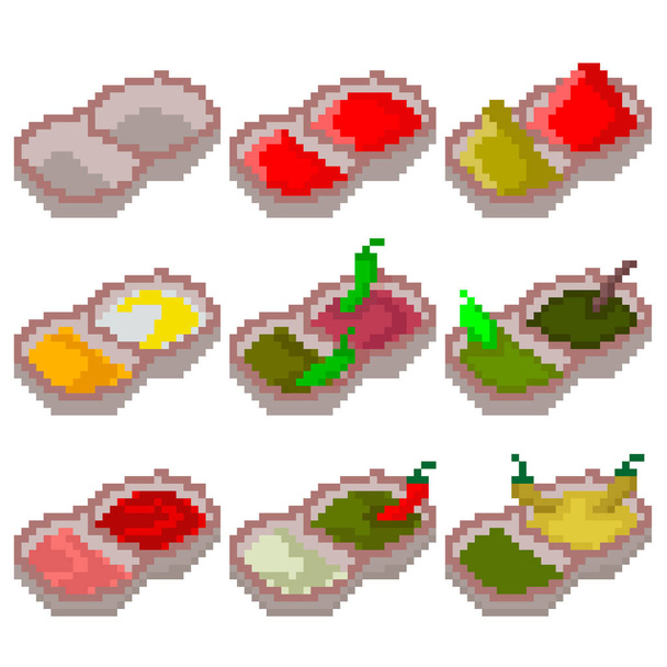 A set of nine food items made up of pixels. Various sauces such as soy, mayonnaise, sour cream, mustard, horseradish, ketchup, wasabi, etc. Interesting image for websites, restaurant menus. Vector illustration. - Vector, Image