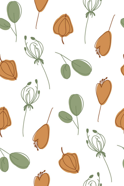 Postcard, autumn plants. Leaves, physalis berries and dry grass. Herbarium and a sprig of dill. Fall October bouquet. - Vector, Image