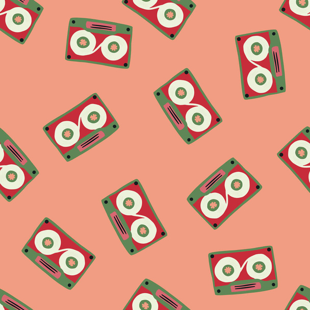 Minimalistische willekeurige cassette naadloos patroon. Doodle ornament in rode en groene heldere tinten op pastel roze achtergrond. Ideaal voor behang, textiel, inpakpapier, stofprint. Vectorillustratie. - Vector, afbeelding