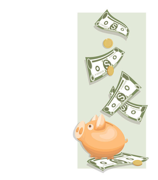 Dollars. Cash Piggy bank. Money, gold coins. Cash collecting billfold on white background. American  - Vector, Image