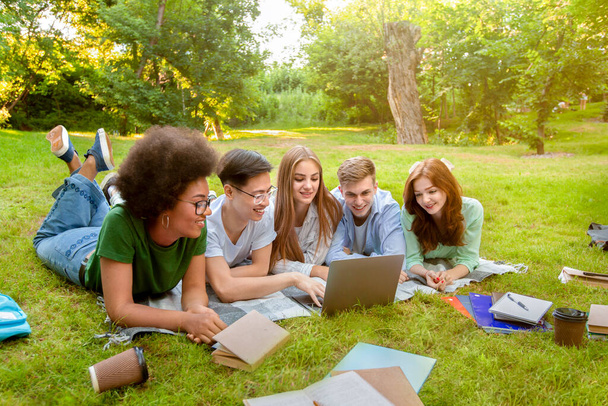 Pojęcie uczenia się. Grupa studentów przygotowujących się do egzaminu w parku z laptopem - Zdjęcie, obraz