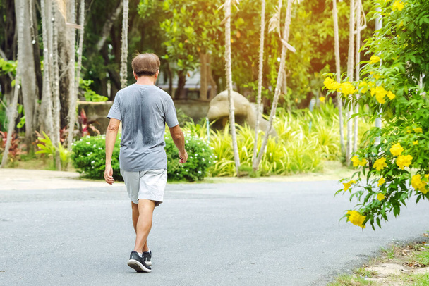 Back view portrait of a Asian elderly man in fitness wear walking and jogging for good health in public park. Senior jogger in nature.  Older Man enjoying Peaceful nature. Healthcare concept. - Photo, Image