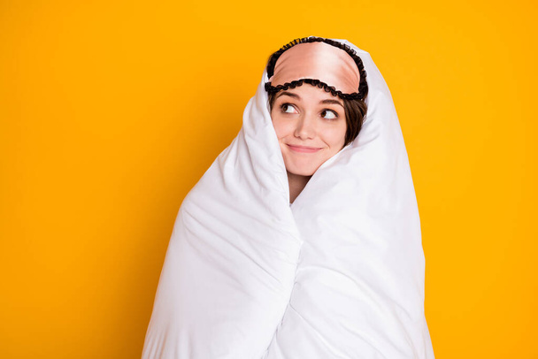 Close-up portrait of her she nice attractive lovely pretty cute sweet cheerful cheery girl covering in white cosy comfy warm blanket isolated on bright vivid shine vibrant yellow color background - Foto, Imagem