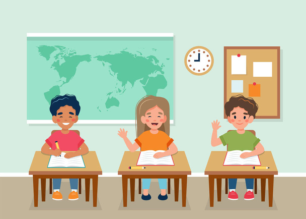 Niños felices sentados en clase en escritorios, mapa detrás, concepto de vuelta a la escuela. ilustración en estilo plano - Foto, Imagen