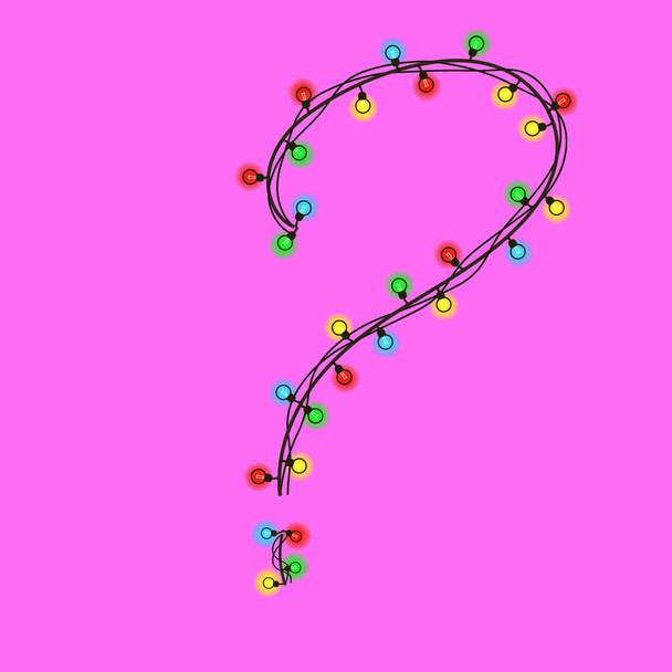 Un signo de interrogación navideño de una guirnalda aislada en rosa. Bombillas de colores en los cables. Fuente manuscrita para texto o logo. Vector EPS 10. - Vector, Imagen