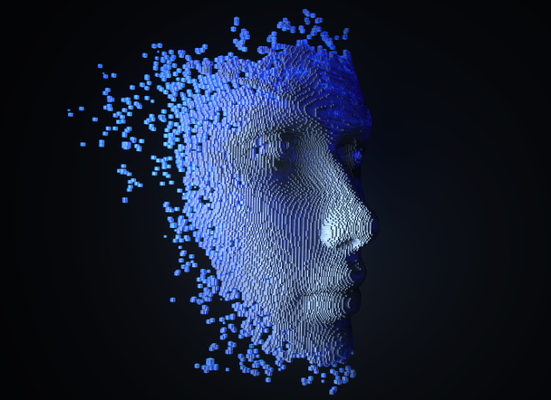 Πρόσωπο αποτελούμενο από τεμάχια. Τεχνητή νοημοσύνη έννοια. 3D απεικόνιση - Φωτογραφία, εικόνα