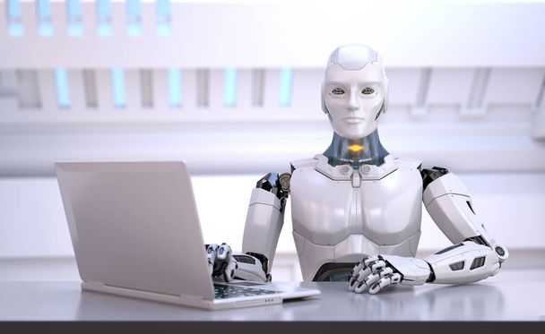 Humanoid robot sitting behind table. Head hunter. Office manager. 3D illustration - Photo, Image