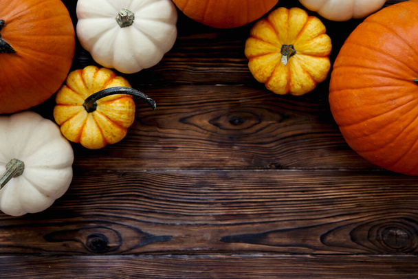 Close up shot of two decorative pumpkins on grunged wood texture background bright as a symbol of autumnal holidays with a lot of copy space for text. - Foto, imagen