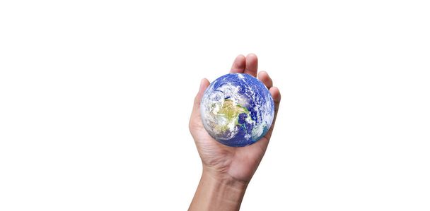 Globus, Erde in menschlicher Hand, die unseren Planeten glühend hält. Erdbild von Nasa zur Verfügung gestellt - Foto, Bild