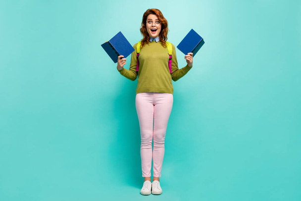 Full length body size view of her she attractive excited intellectual cheerful cheery wavy-haired girl reading book having fun isolated on bright vivid shine vibrant teal turquoise color background - Foto, Bild