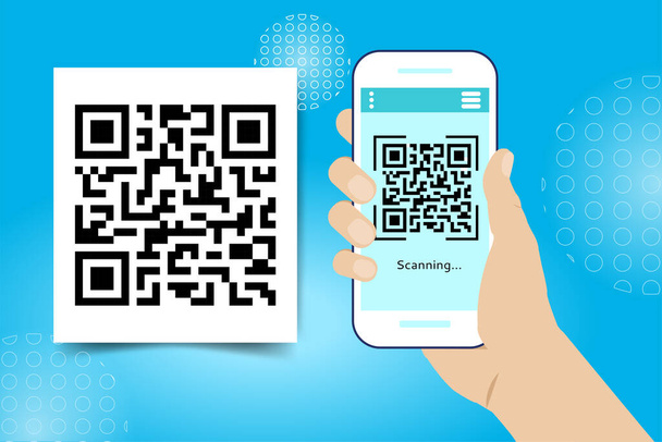  Bild einer Hand mit einem Smartphone, das einen QR-Code auf dem Bildschirm scannt. Bargeldloses Technologiekonzept. Online-Zahlung, Geldüberweisung. Vektorillustration. Flacher Stil - Vektor, Bild