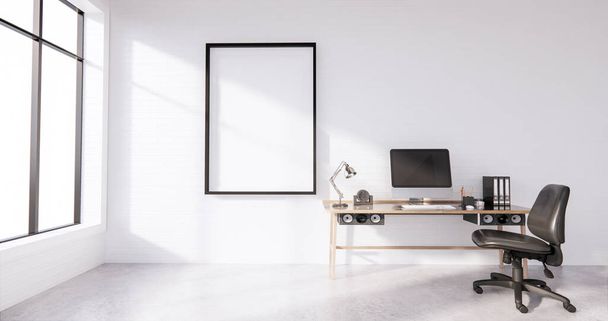 The interior Computer and office tools on mini desk in white concrete floor and white brick wall design. 3D rendering - Foto, afbeelding