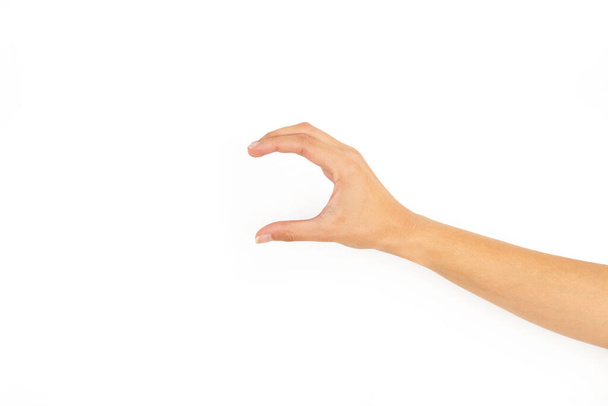 Mano de mujer con gesto de mostrar un tamaño sobre un fondo blanco con espacio para copiar - Foto, Imagen