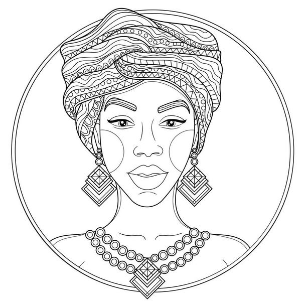 Chica africana con turbante. Libro para colorear antiestrés para niños y adultos. Ilustración aislada sobre fondo blanco.Estilo Zen-tangle. Dibujo blanco y negro - Vector, imagen
