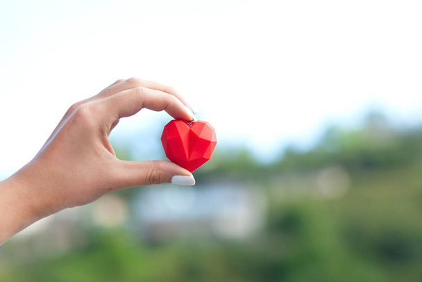 woman holding red heart in nature background - 写真・画像