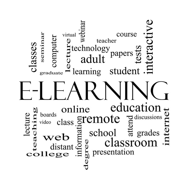 E-Learning Word Cloud Concept in black and white - Photo, Image