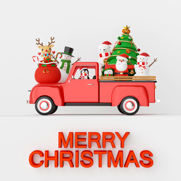 Merry Christmas and Happy New Year, Christmas celebration with Santa Claus and friends on Christmas truck, 3d rendering - Photo, Image