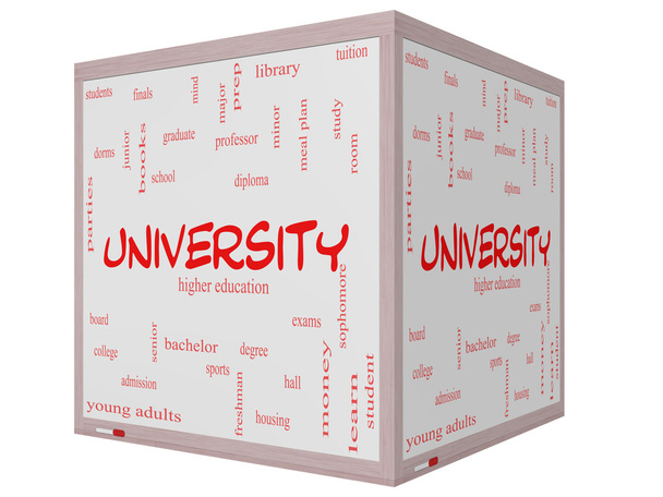 University Word Cloud Concept on a 3D cube Whiteboard - Photo, Image