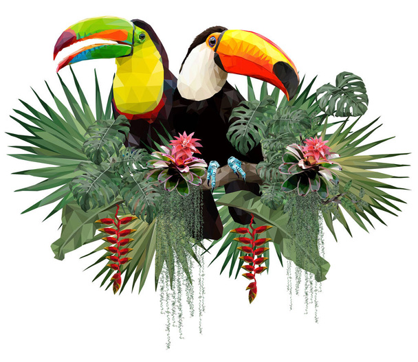 Πολυγωνική απεικόνιση των πουλιών τουκάν και των φυτών του δάσους των αμαζόνων με λευκό φόντο. - Φωτογραφία, εικόνα