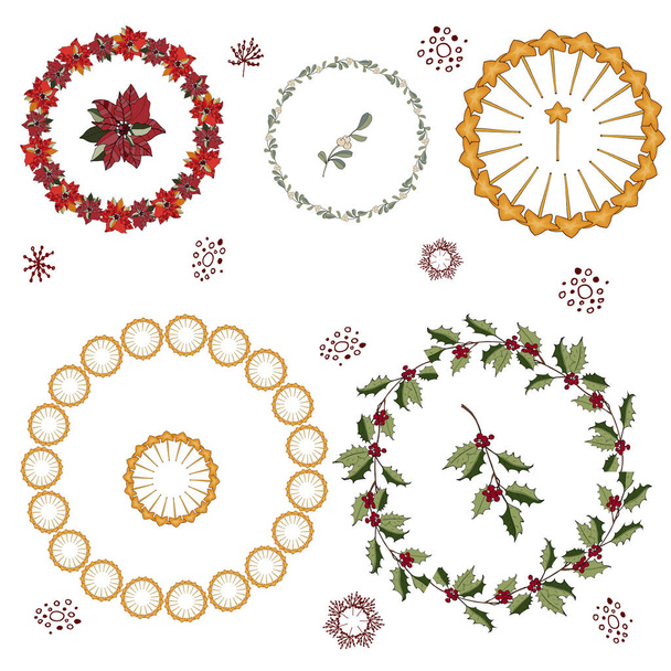 Christmas wreath of poinsettia plant. New Year holiday celebration in December. Unique design for greeting cards, banners, flyers. Vector illustration in a modern style. - Wektor, obraz