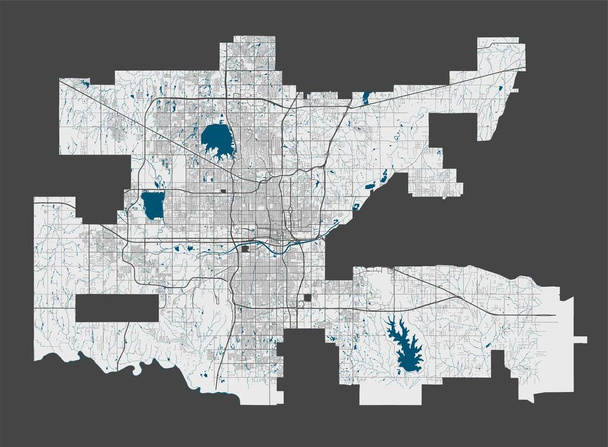 Stadtplan von Oklahoma. Detaillierte Karte von Oklahoma City Verwaltungsgebiet. Stadtpanorama. Lizenzfreie Vektorillustration. Übersichtskarte mit Autobahnen, Straßen, Flüssen. Dekorativer Stadtplan für Touristen. - Vektor, Bild